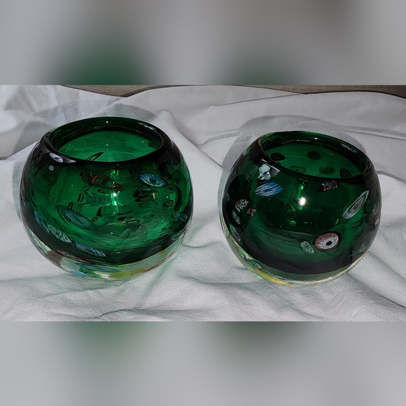 Set of 2 Vintage Blow Art Glass Millefiori Green Votives - Picture 2 of 7